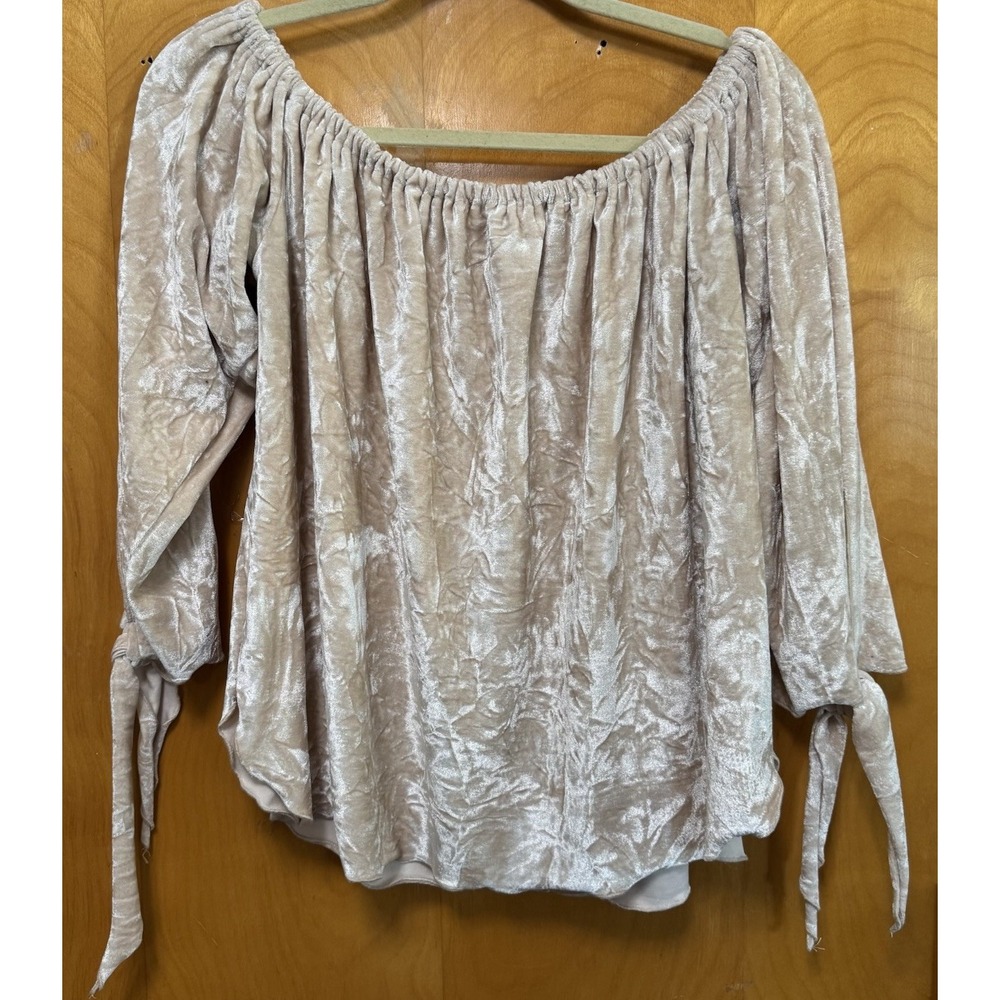 I.Madeline Womens Crushed Velvet On/Off Shoulder Tie Sleeve‎ Top Beige Sz L